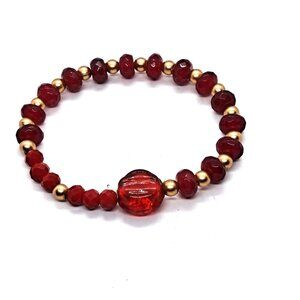Handmade stretch bracelet NEW red glass and gold tone metal beads